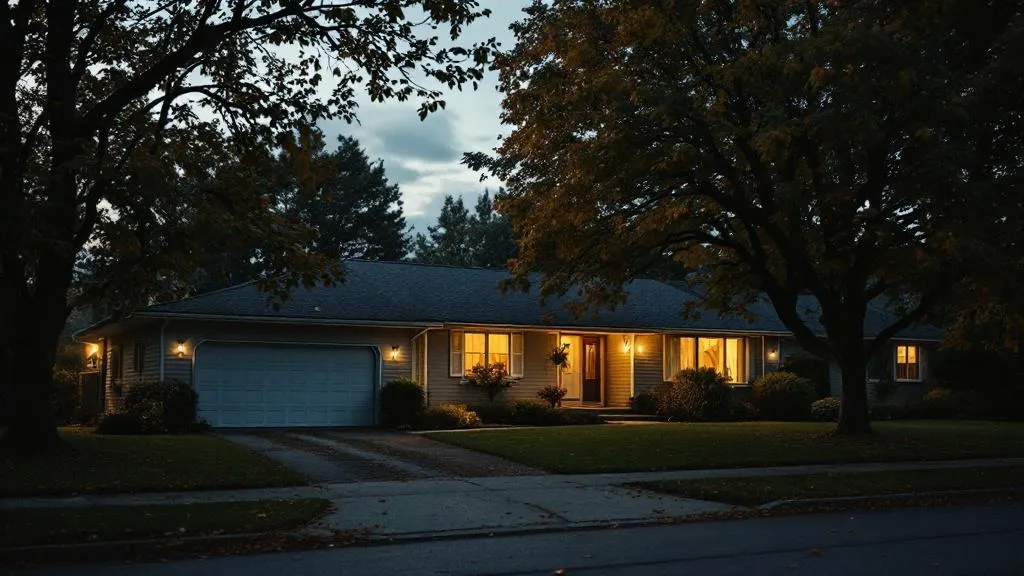 Suburban Michigan home at dusk with warm interior lights